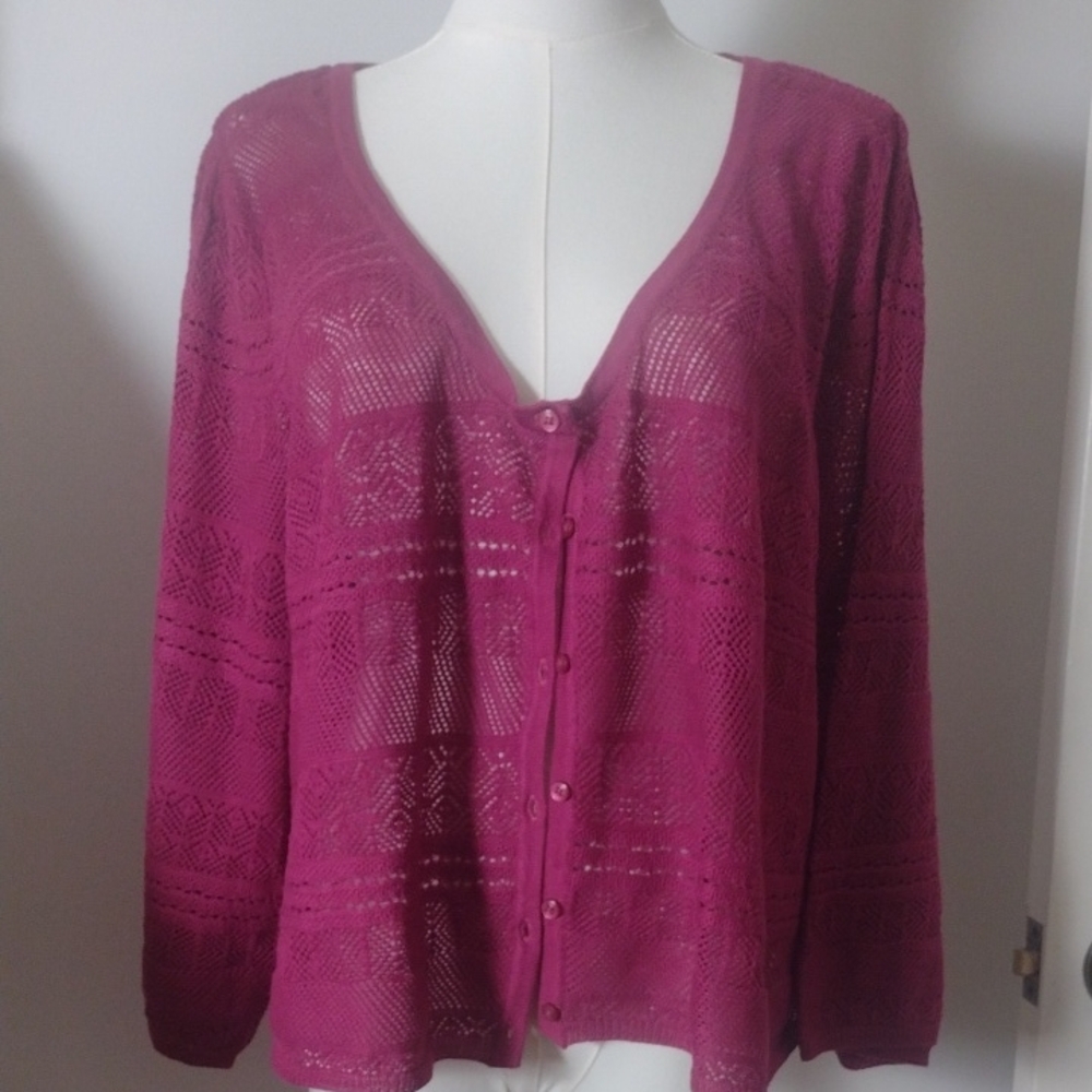 Denim 24/7 Wms 2X Pointelle Knit Shrug Style Cardigan in Raspberry Pink